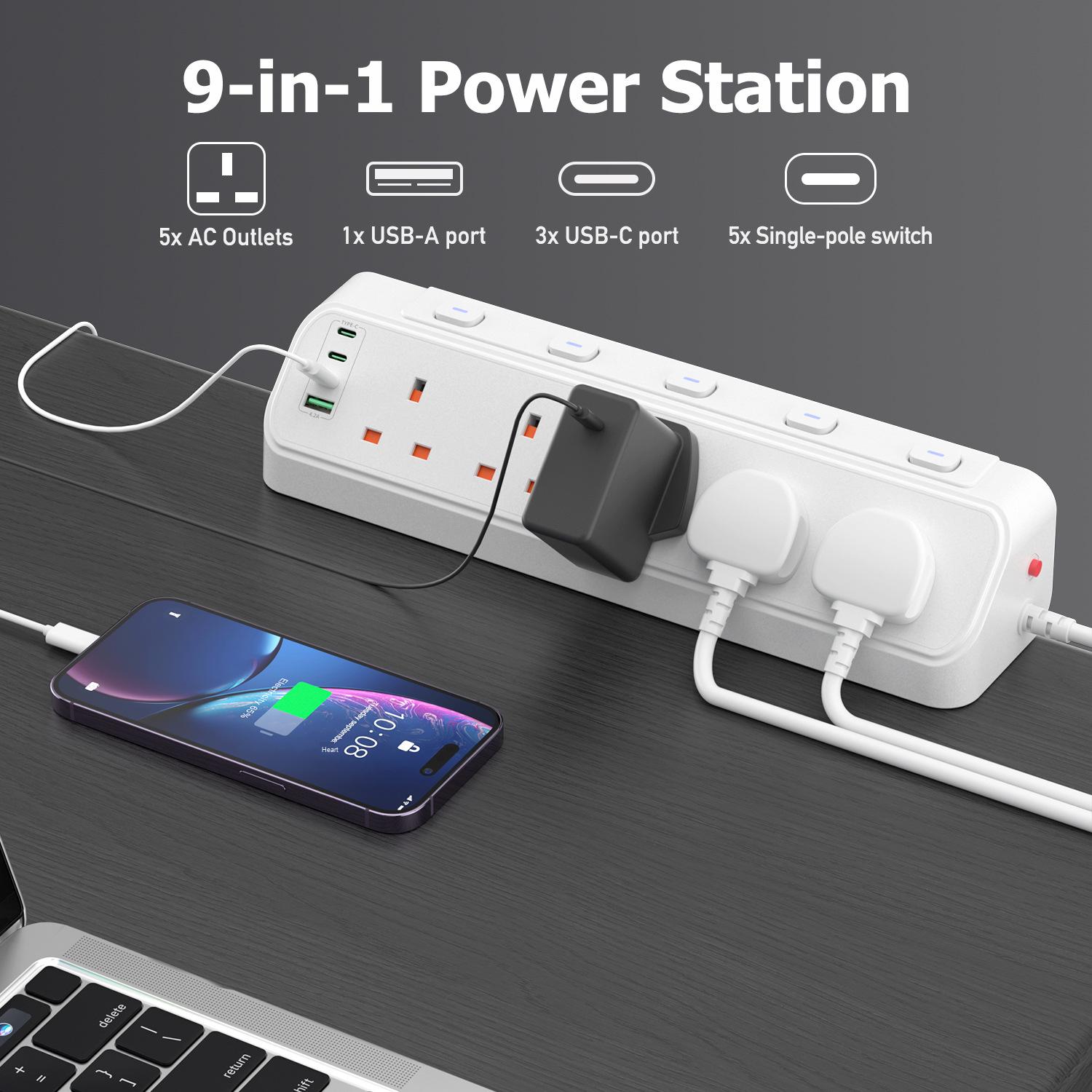 9-in-1 UK Extension Lead with USB Ports 2