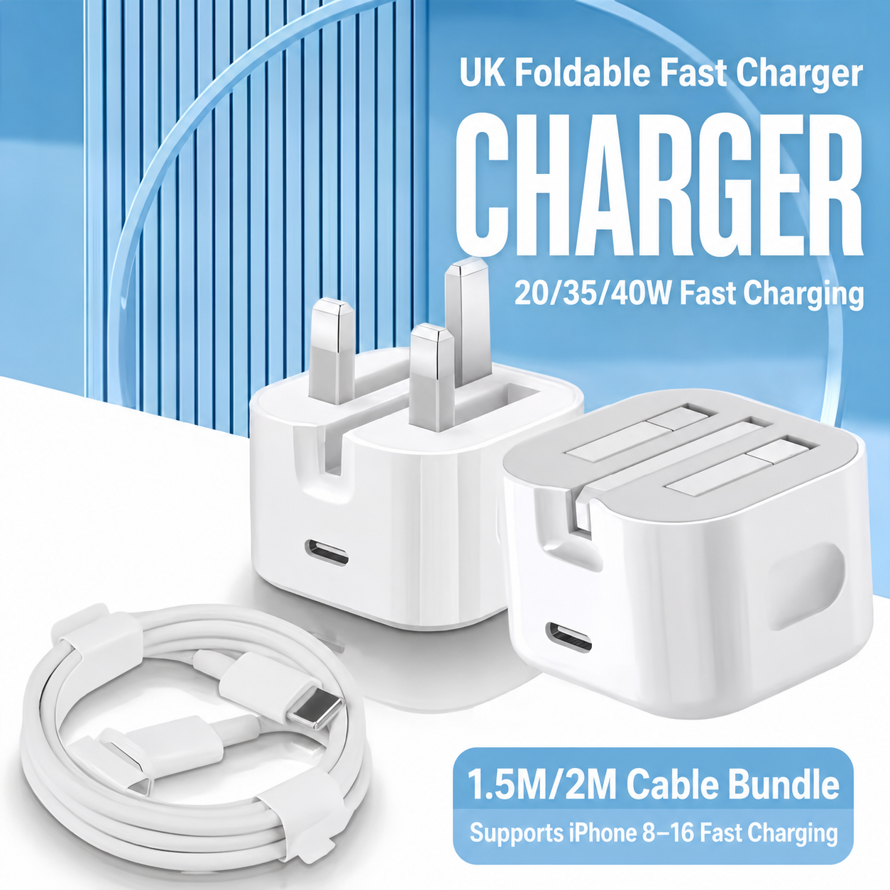 UK Foldable Fast Charger with Cable Bundle 2