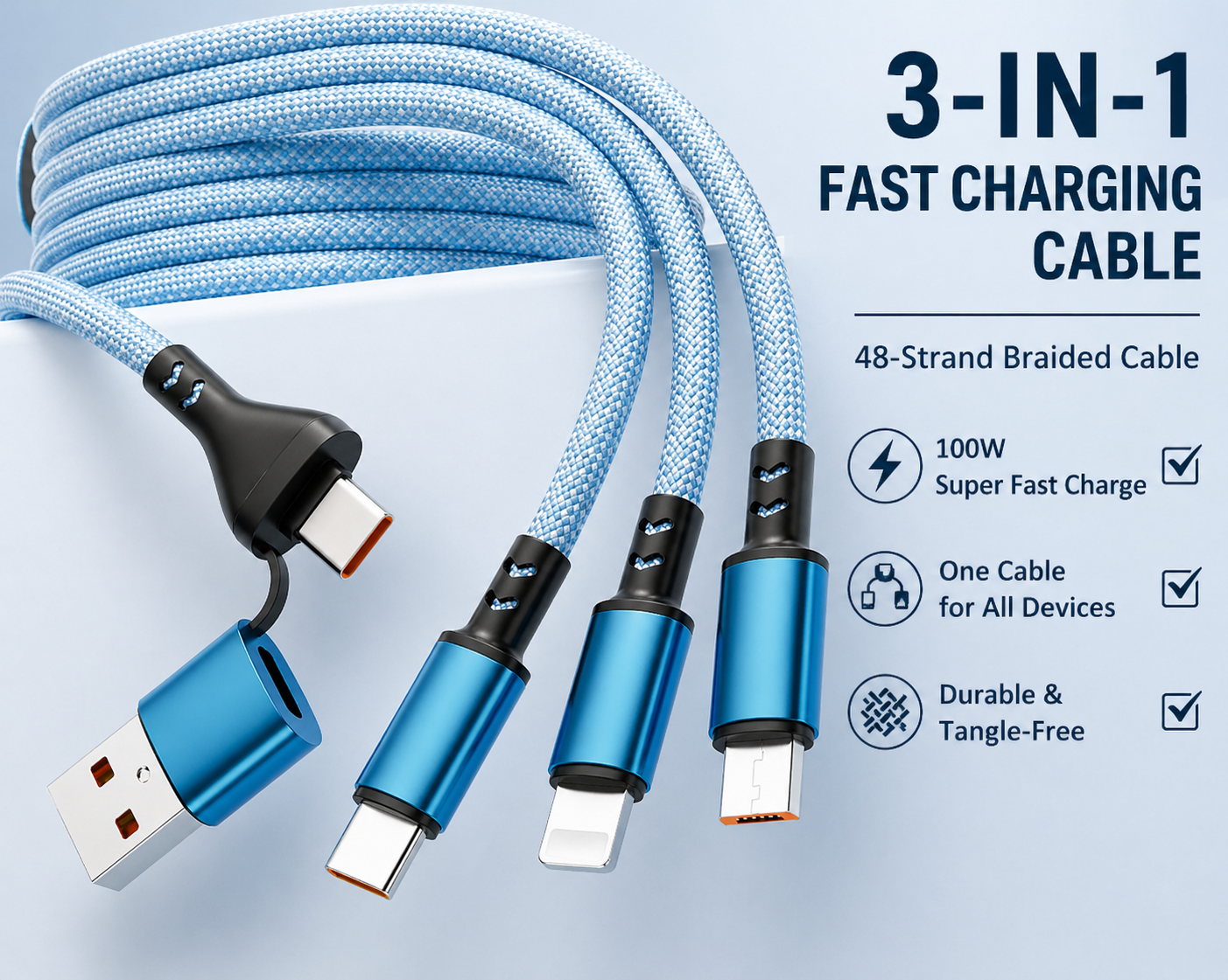 100W Braided 3-in-1 Fast Charging Cable