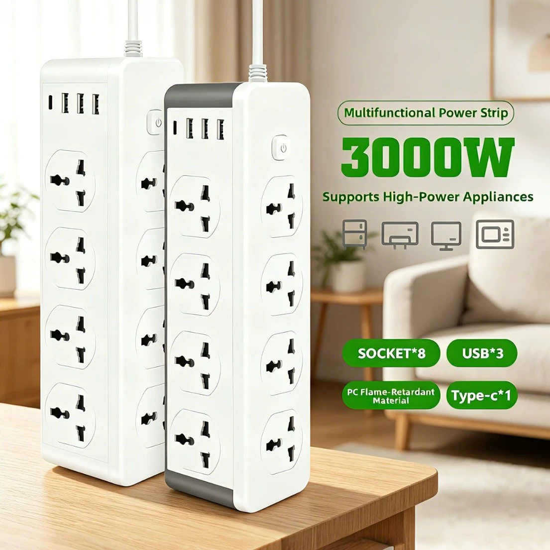 3000W Tower Extension Socket with USB Ports 3