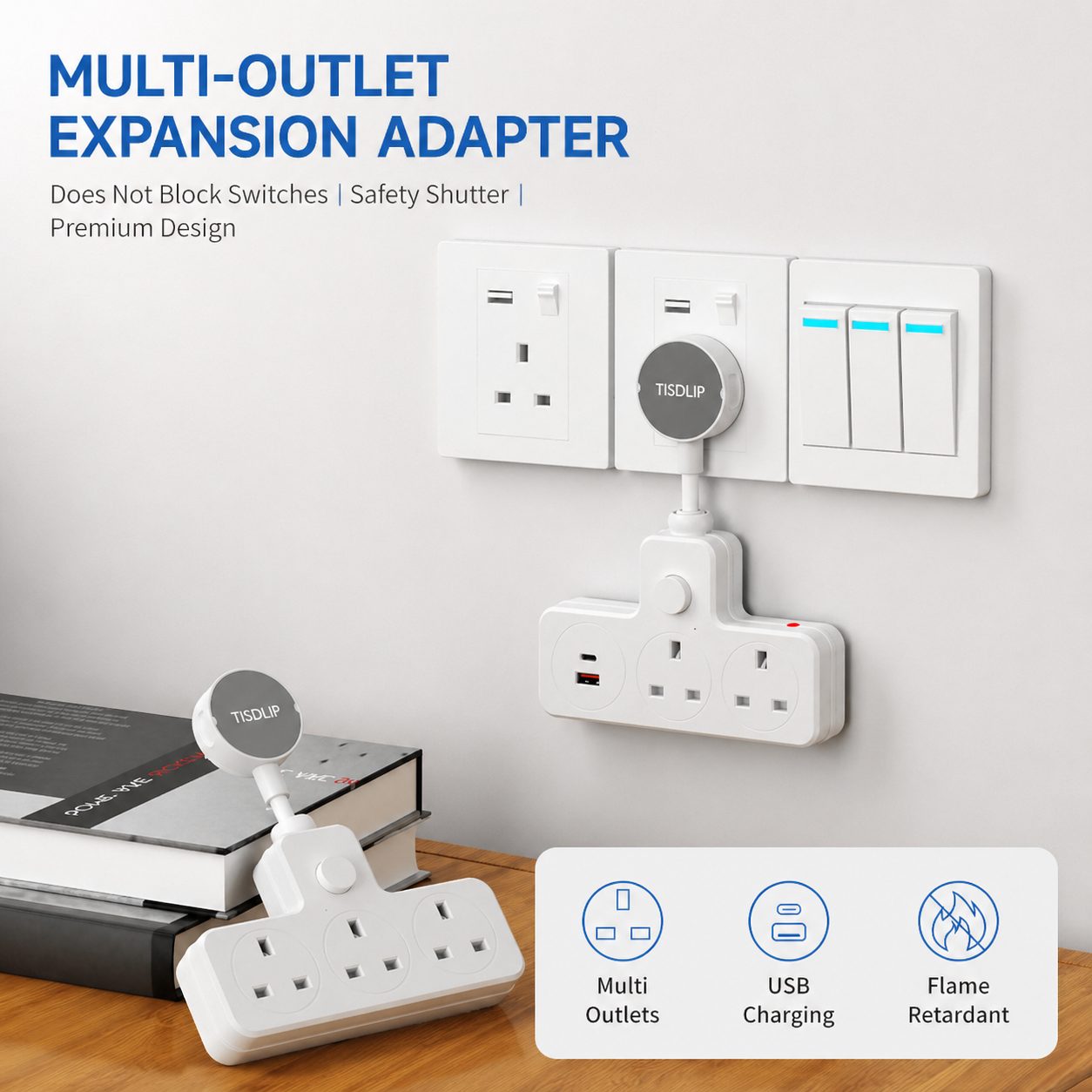 Multi-Outlet UK Plug Adapter with USB Ports