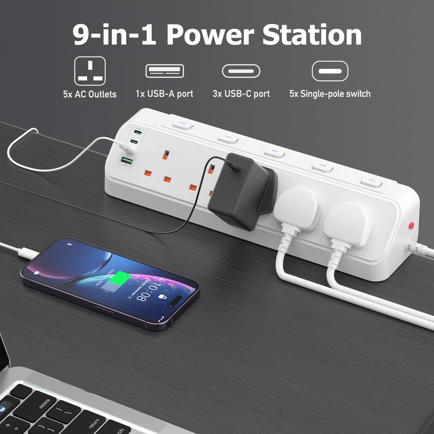 9-in-1 UK Extension Lead with USB Ports