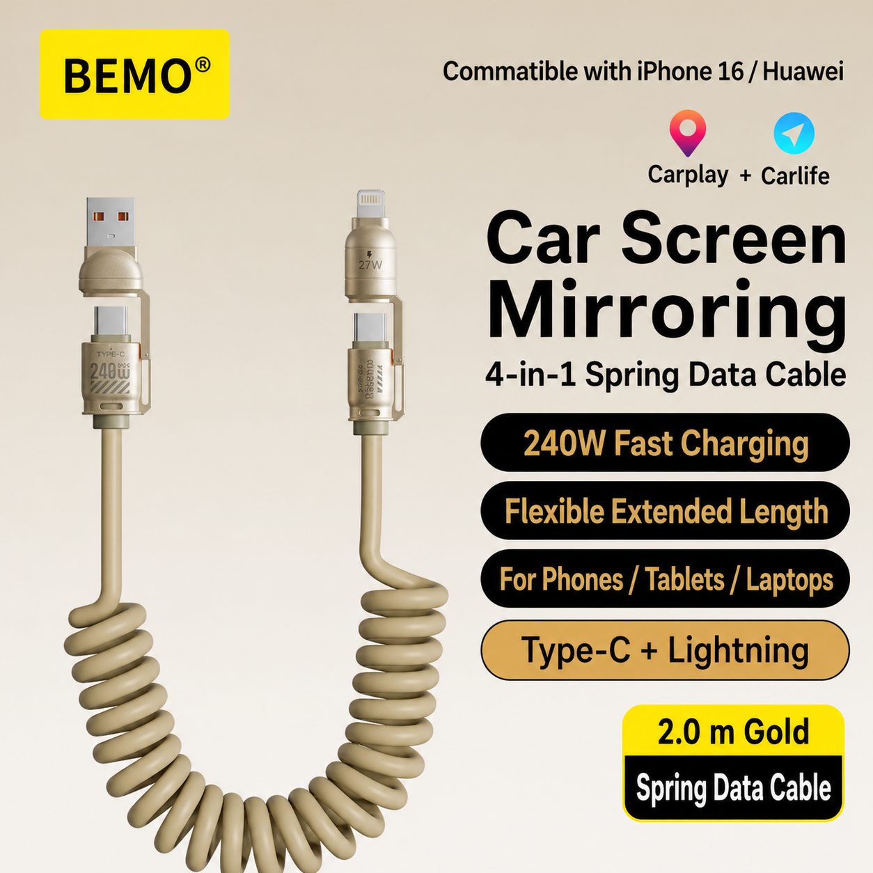 Retractable 4-in-1 Charging Cable – 65W / 240W Options