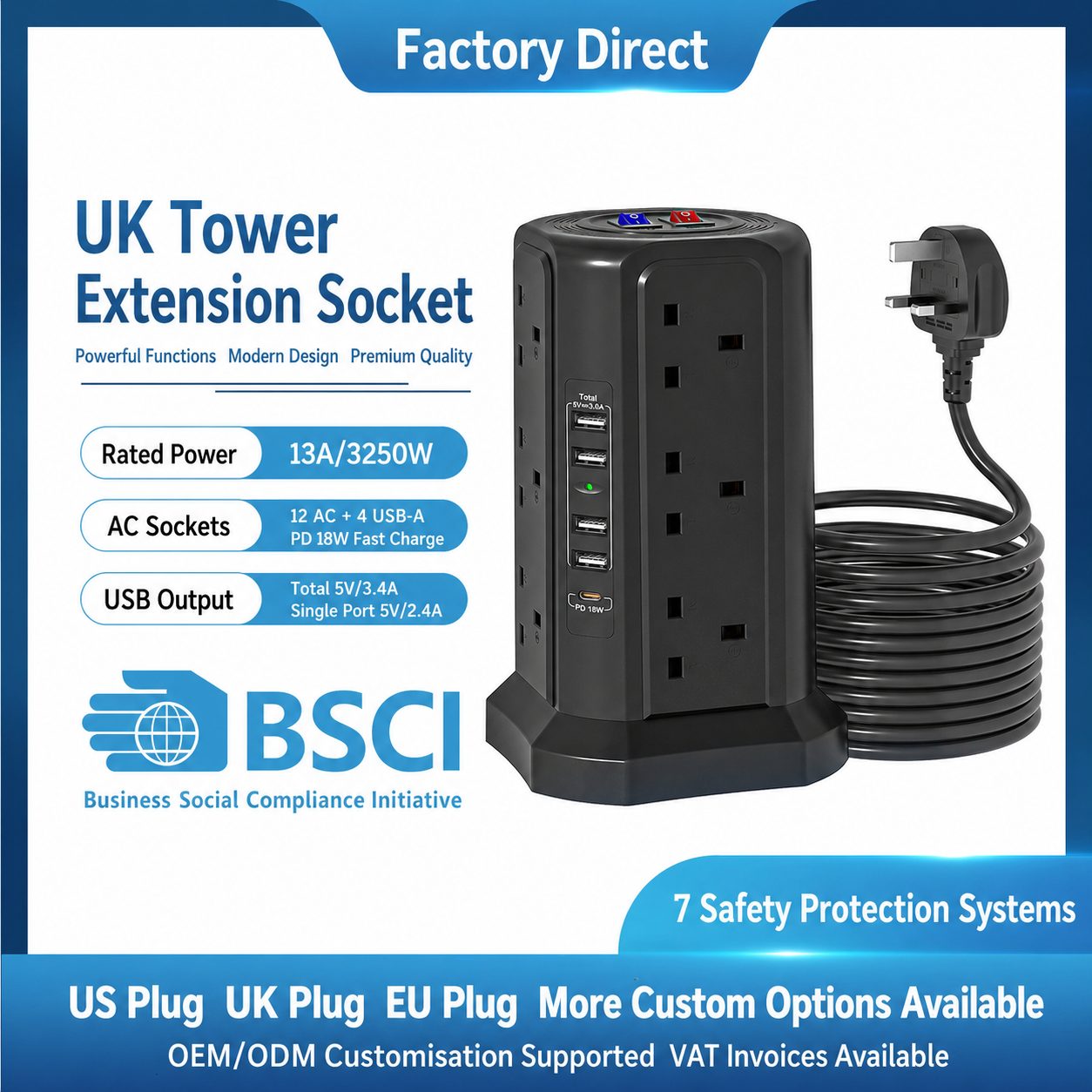 Compact Tower Extension Socket with USB Ports