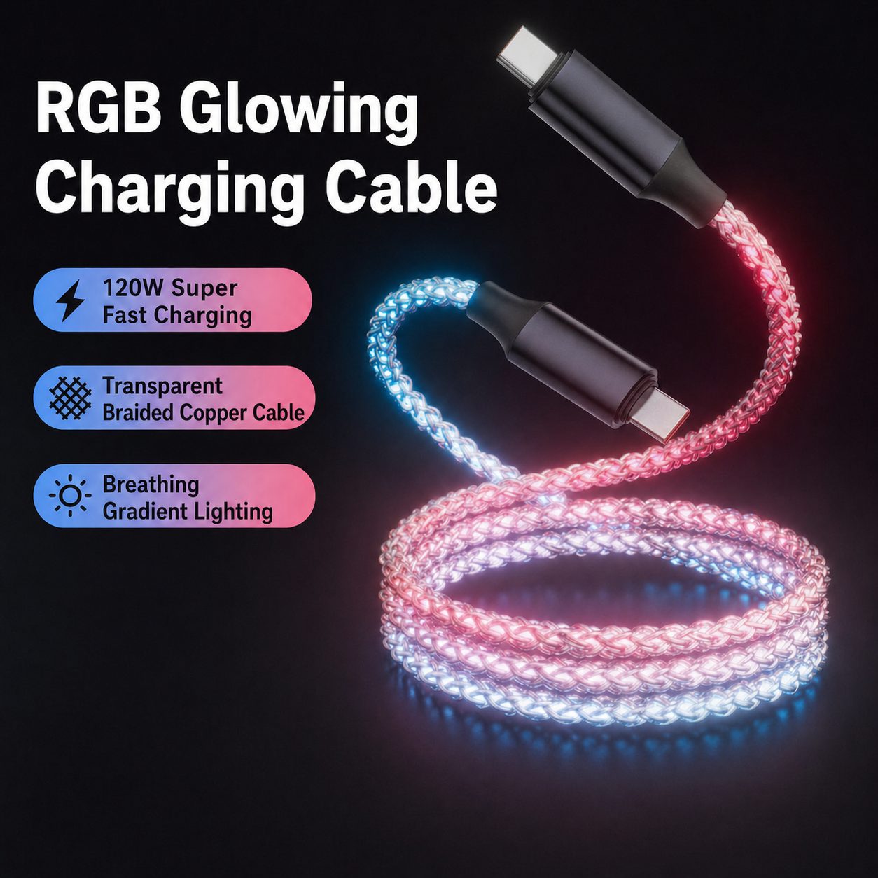 White RGB Light-Up Fast Charging Cable – Connector Options