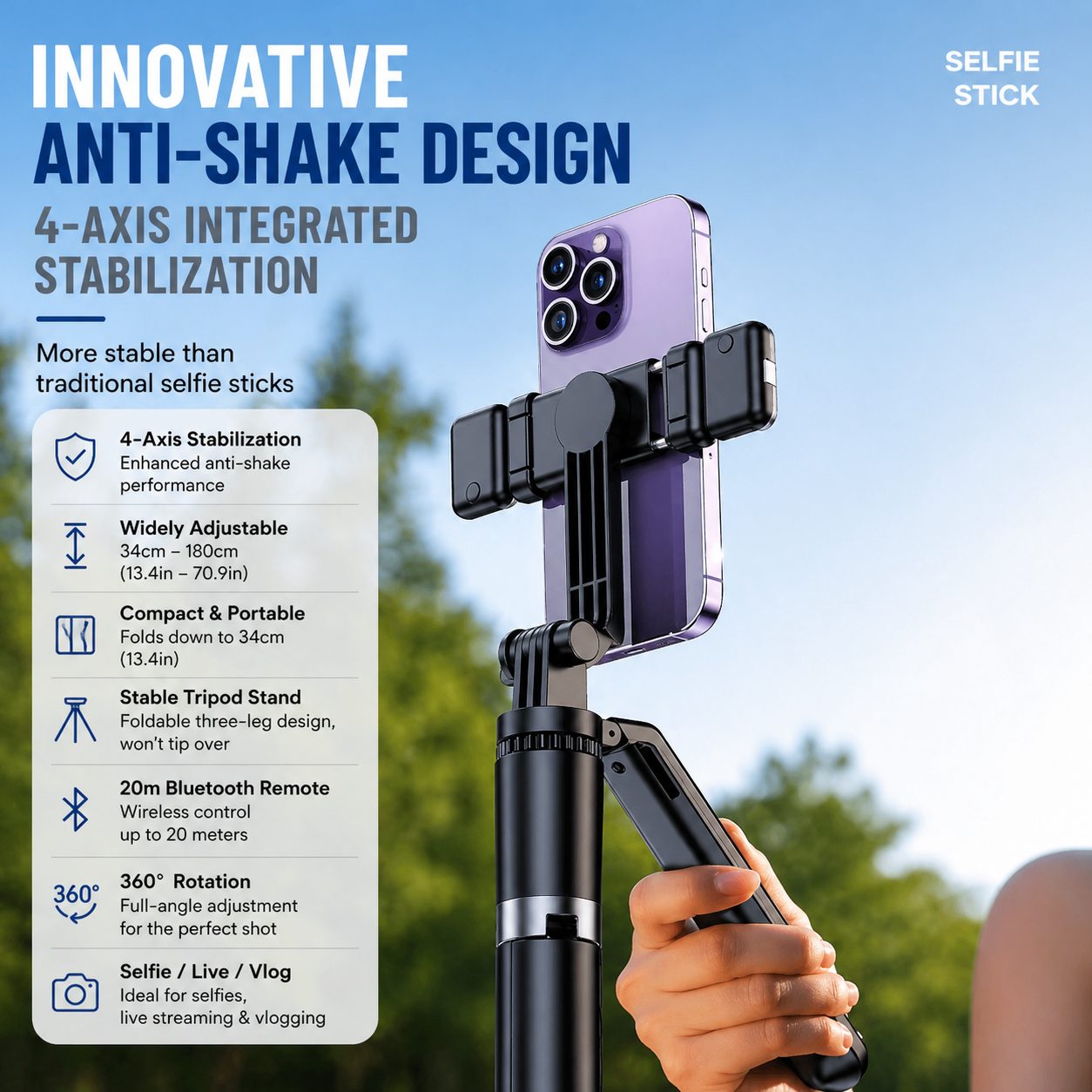 Stabilised Selfie Stick Tripod 4