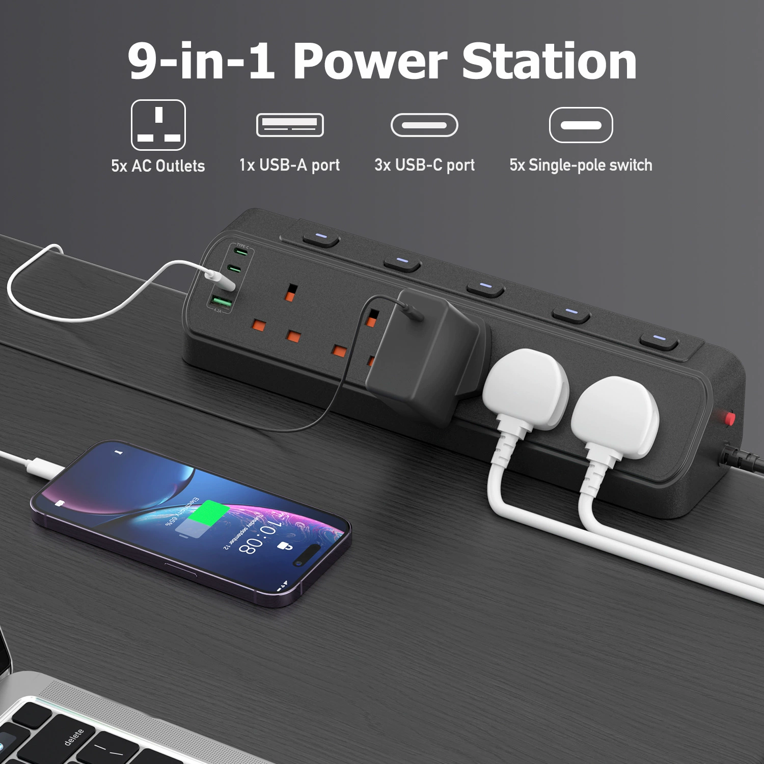 9-in-1 UK Extension Lead with USB Ports 3