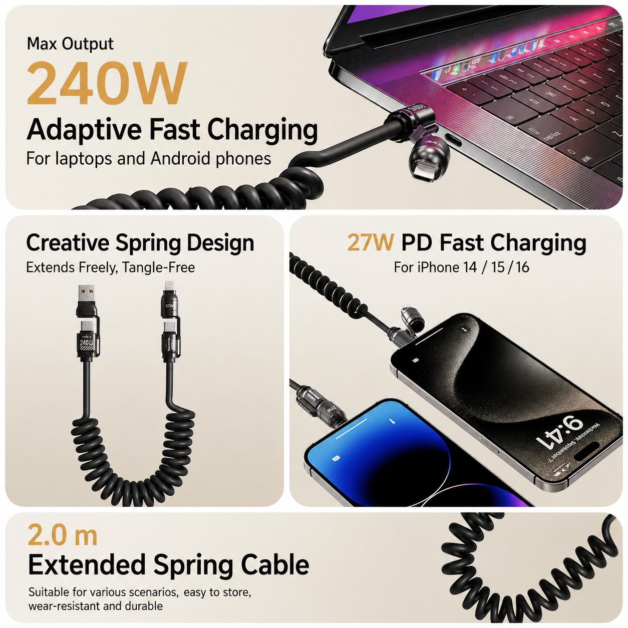 Retractable 4-in-1 Charging Cable – 65W / 240W Options 3