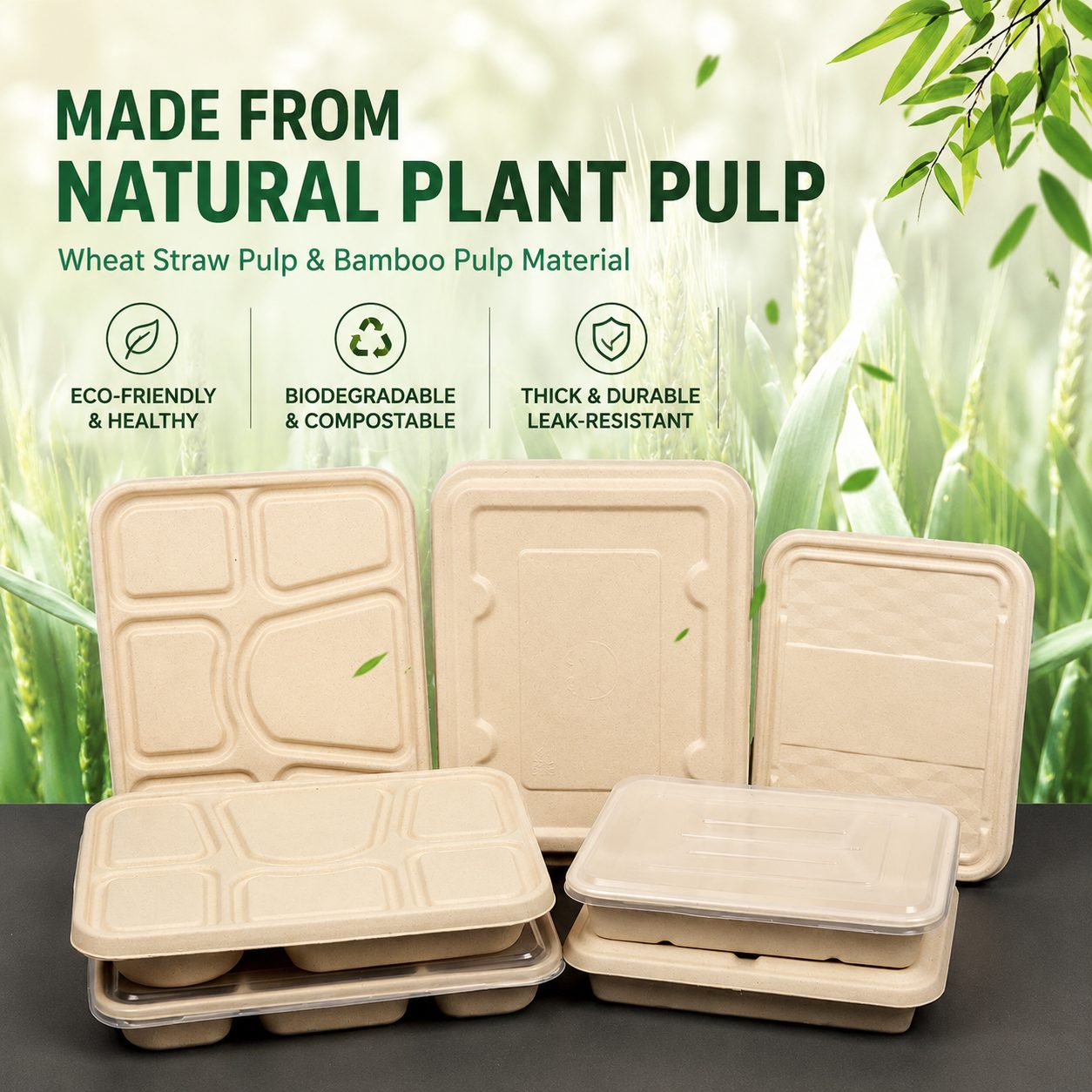 Plant Fibre Pulp Compartment Takeaway Meal Boxes 2